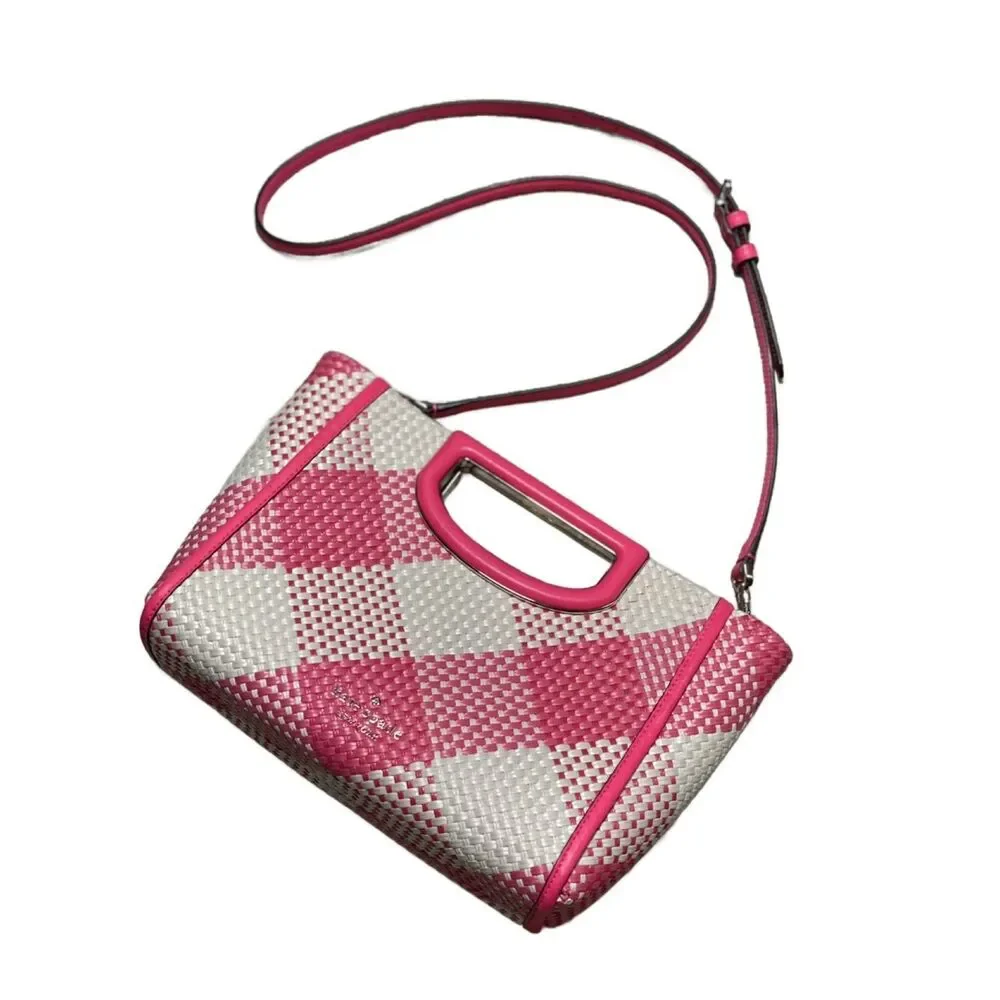 Kate Spade NY Alexia Pink & White Gingham Woven Convertible Crossbody Clutch Bag